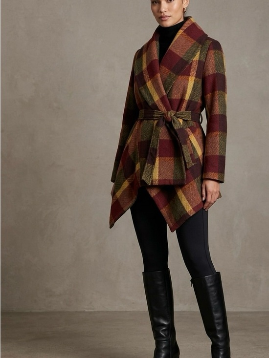 Chicwish Jackets & Blazers - Chicwish Plaid Wrap Coat in Burgundy, Mustard & Olive size S